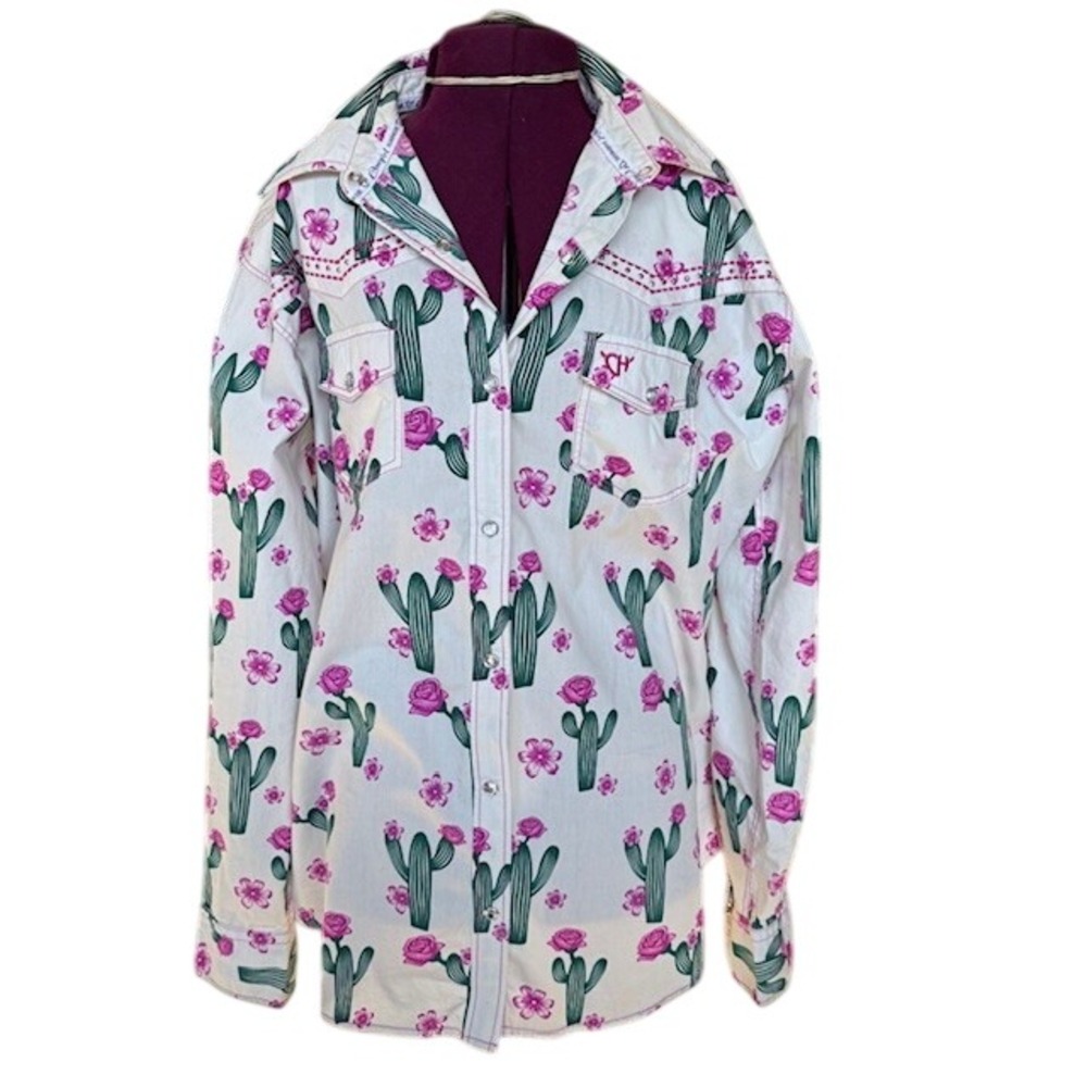Cowgirl Hardware Cactus Floral Pearl Snap Western Shirt Pink Rhinestone Womens L - Picture 2 of 9